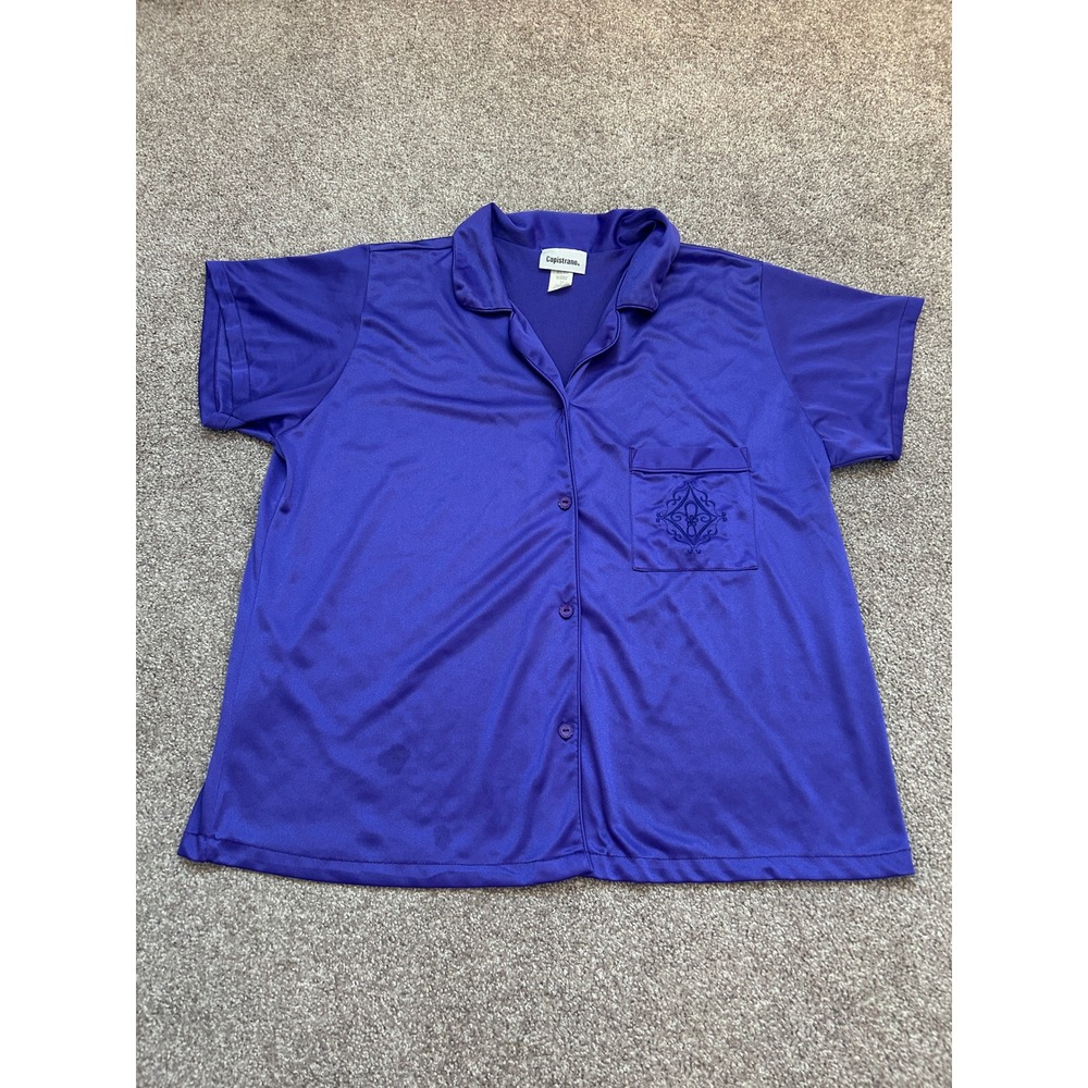 Capistrano Pajama Top Womens 1X Purple Good Short Sleeve Embroidered Button Up